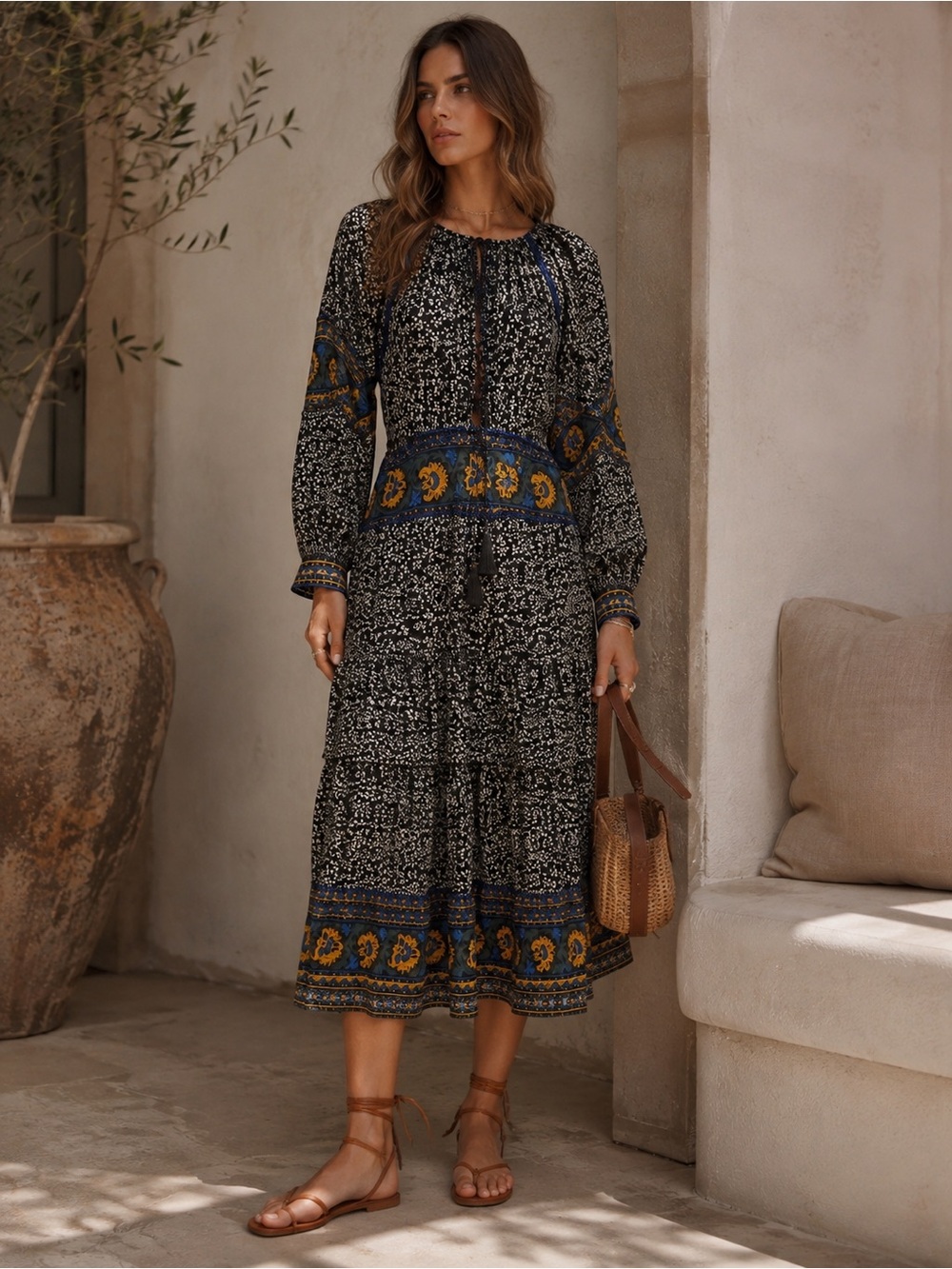 La Perla 100% Silk Beaded Bohemian Midi Dress | Tassel Tie | Resort | Size M